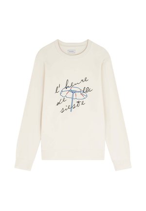 Sudadera crema de manga larga, con un gráfico de un paraguas azul y el texto negro "l’heure de la sieste" impreso en la parte delantera.