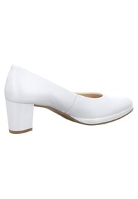 Pompe synthétique blanche avec un bout arrondi, présentant un détail en découpe, un design formel et un talon bloc robuste en plastique blanc.