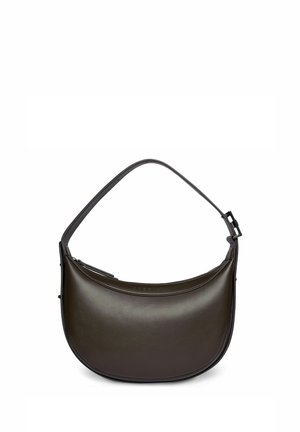 Dark brown leather shoulder bag with a curved design and adjustable strap, displayed against a white background.