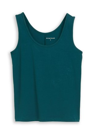 Dunkelgrünes ärmelloses Baumwolltop mit Rundhalsausschnitt, Größe klein, flach auf weißem Hintergrund ausgelegt.