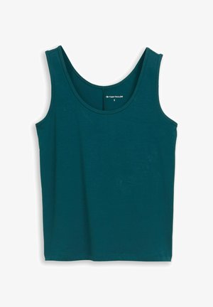 Ciemnoturkusowy bawełniany tank top bez rękawów z okrągłym dekoltem, rozmiar mały, rozłożony na płasko na białym tle.