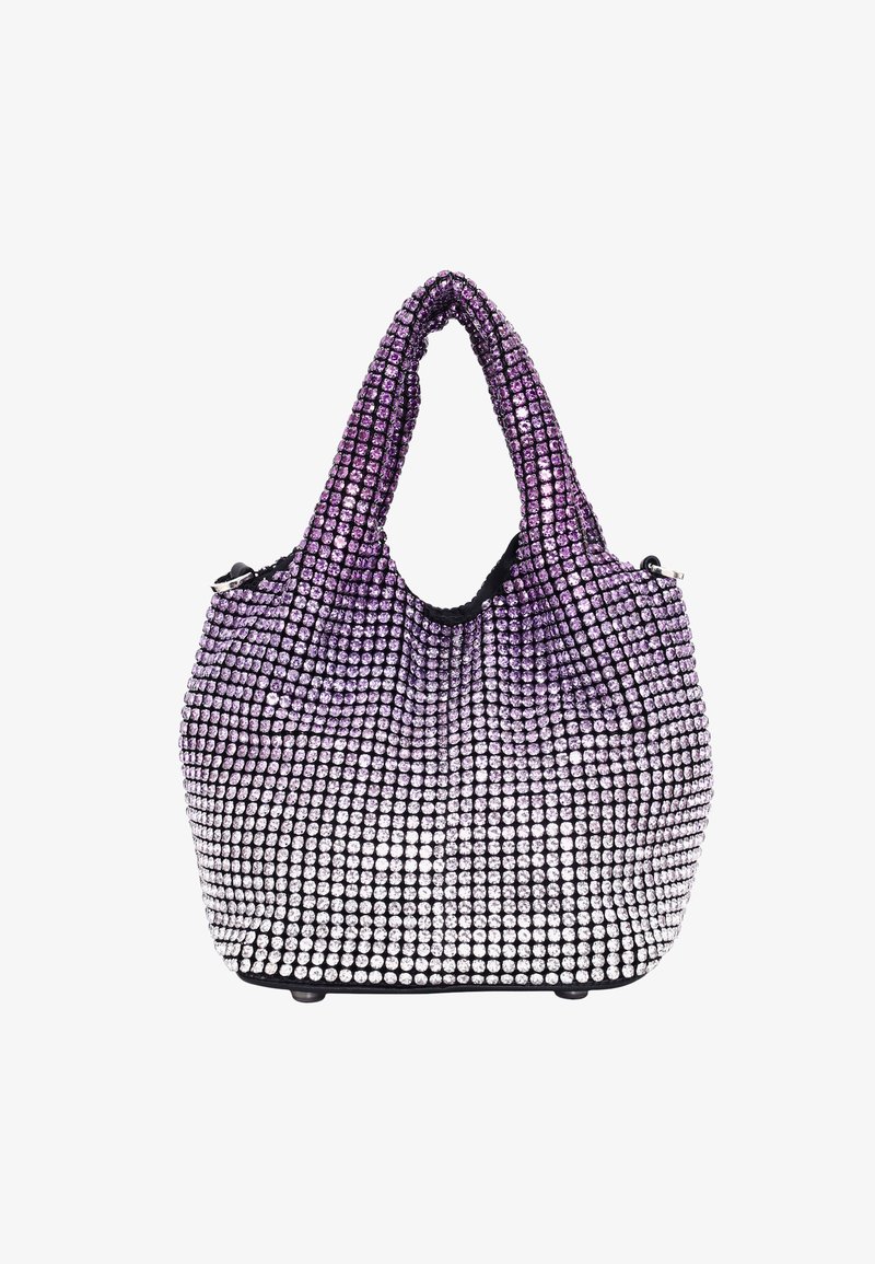 Sac à main avec dégradé violet à argent, orné de strass, de forme arrondie et doté de deux poignées, avec un intérieur en tissu doux et un fond noir.