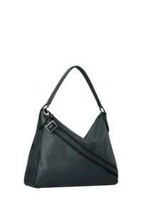 Borsa a spalla in pelle verde scuro con forma triangolare, manico singolo e dettaglio con zip. Presenta una fibbia argentata e una superficie texturizzata.