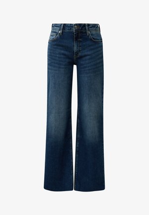 Dark blue wide-leg denim jeans with front button and zip closure, front and back pockets, and slight fading on thighs and knees.