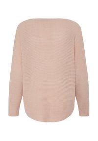 Pull en maille rose clair à coupe ample, avec un large col et des manches longues. Présente un côtelé texturé et un ourlet incurvé à l'arrière.