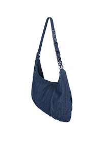Denim schoudertas met een slouchy ontwerp, blauwe textuur en een band met de tekst "PEPE JEANS" in metallic letters.