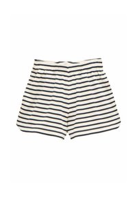 Szorty w paski z granatowo-białym wzorem, elastycznym paskiem w talii, miękkim materiałem, luźnym krojem i zaokrąglonym wykończeniem nogawek.