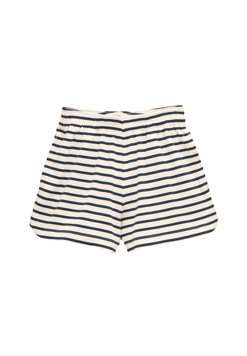 Szorty w paski z granatowo-białym wzorem, elastycznym paskiem w talii, miękkim materiałem, luźnym krojem i zaokrąglonym wykończeniem nogawek.