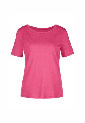 Roze t-shirt met korte mouwen en een ronde hals, gemaakt van een gladde stof, met een eenvoudig ontwerp en een ontspannen pasvorm.