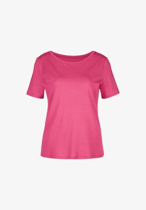 T-shirt rose à manches courtes avec un col rond, fabriqué à partir d'un tissu lisse, présentant un design simple et une coupe décontractée.