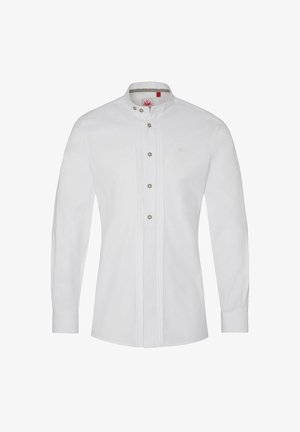 White long-sleeve shirt with a mandarin collar, featuring a front placket with buttons and subtle vertical pleats. Smooth cotton fabric.