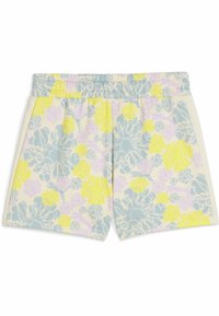 Design floreale corto con una cintura elastica, caratterizzato da fiori gialli, lavanda e blu chiaro su sfondo crema; trama morbida.