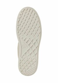 Suola di scarpe in gomma di crema con un motivo a griglia testurizzato e dettagli laterali. Il design include una punta arrotondata e bordi rialzati.