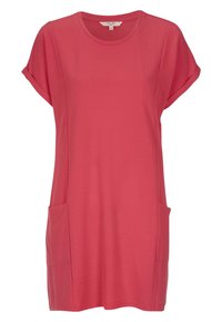 Tunika šatů s krátkým rukávem v korálově růžové barvě, zaobleným výstřihem a dvěma předními kapsami, vyrobená z texturované látky.