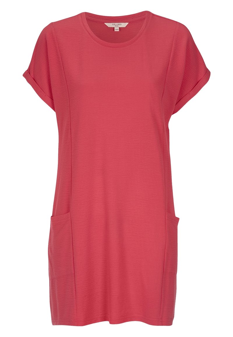 Tunika šatů s krátkým rukávem v korálově růžové barvě, zaobleným výstřihem a dvěma předními kapsami, vyrobená z texturované látky.