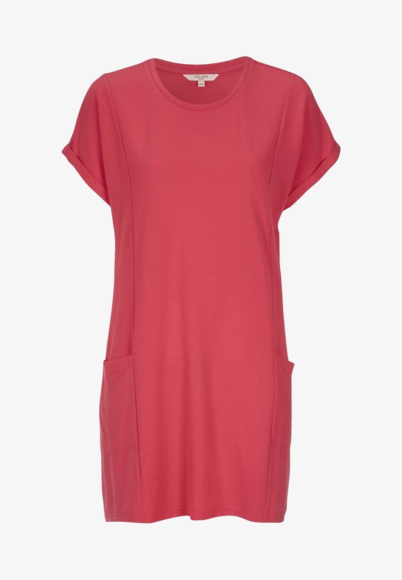 Tunika šatů s krátkým rukávem v korálově růžové barvě, zaobleným výstřihem a dvěma předními kapsami, vyrobená z texturované látky.