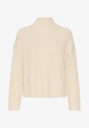 Maglione a costine di colore crema, con collo alto e spalle cadenti; texture morbida e lunghezza cropped. Nessun hardware o accentuazione visibile.