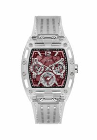 Transparent watch case with a maroon dial. Features white hour markers, three subdials, and a clear silicone strap with vertical ridges.
