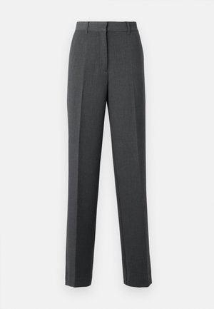 Pantaloni eleganti gris scuro, con taglio dritto, passanti per cintura e chiusura frontale nascosta.