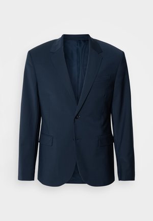 Giacca da abito blu scuro con una texture liscia, design slim fit, chiusura a un bottone, reverse a dente e due tasche frontali.