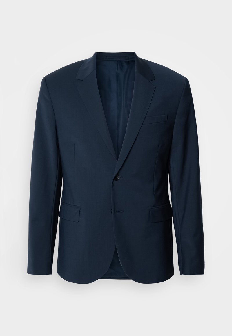 Veste de costume bleu marine avec une texture lisse, design slim fit, fermeture à un bouton, revers crantés et deux poches avant.