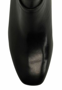 Schwarze Leder-Ankle-Boots mit glatter Oberfläche, spitzer Zehenform und nahtlosem Design. Dezenter Glanz, keine sichtbaren Verschlüsse oder Verzierungen.