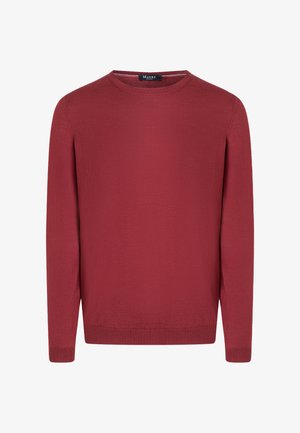 Maroon long-sleeve crewneck sweater with ribbed cuffs and hem, labeled Maerz.