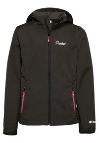 Donkergroene softshell jas met capuchon, voorzien van roze ritsaccenten en geborduurd "Protect" logo op de borst. Twee zijzakken.