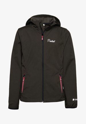 Donkergroene softshell jas met capuchon, voorzien van roze ritsaccenten en geborduurd "Protect" logo op de borst. Twee zijzakken.