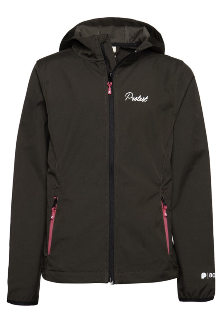 Donkergroene softshell jas met capuchon, voorzien van roze ritsaccenten en geborduurd "Protect" logo op de borst. Twee zijzakken.