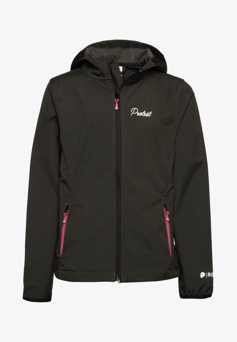 Donkergroene softshell jas met capuchon, voorzien van roze ritsaccenten en geborduurd "Protect" logo op de borst. Twee zijzakken.