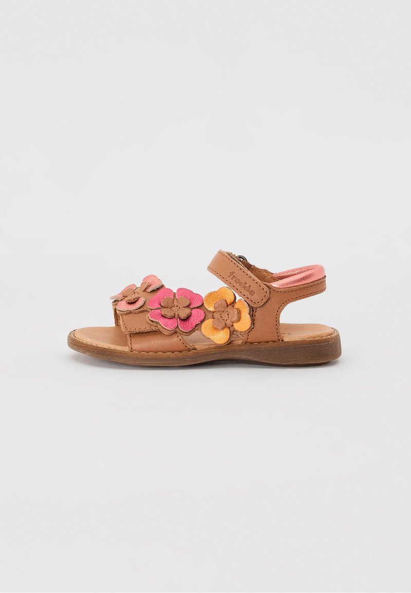 Brun lädersandal med blommönster och rosa, orange och gula accenter, justerbar rem, öppen design och platt sula.