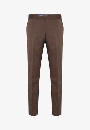 Rjave tailored hlače so izdelane iz teksturiranega blaga z diskretnim črtastim vzorcem in ravnim sprednjim delom, primerne za formalne priložnosti.