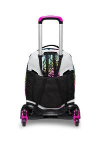 Zaino su ruote con corpo bianco, motivo floreale colorato, dettagli rosa, manico retrattile e spallacci neri per ulteriore spazio di stivaggio.