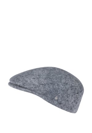 Gray wool cap with a smooth texture, round shape, and a silver logo accent. Features a gently curved brim and a minimalist design.