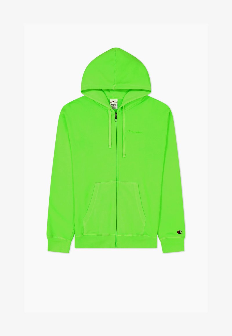 Neon groene capuchonvest met ritssluiting, gemaakt van zacht materiaal, voorzien van een capuchon, twee voorzakken en een klein geborduurd logo op de borst.