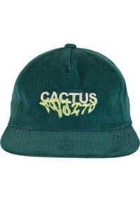 Kékzöld kordbársony sapka ívelt karimával, fehér és neon zöld "CACTUS" hímzett felirattal. Bordás textúrával az egész felületen.