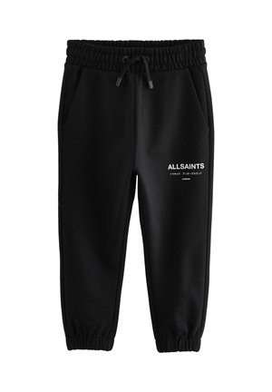 Pantaloni jogger negri cu talie și manșete elastice, buzunare laterale și logo alb "ALLSAINTS" cu text japonez pe coapsa dreaptă.