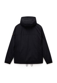 Svart huva jacka med långa ärmar, justerbara dragskor i nederkanten och ett märke på vänstra övre ärmen, visad bakifrån mot en vit bakgrund.