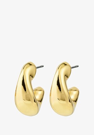 Uhani v zlati barvi s gladkim, ukrivljenim dizajnom. Sijajna, odsevna površina in z zatično zaponko. Zaobljene in skulpturalne oblike.
