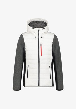 Giacca trapuntata bianca con maniche in maglia grigia, pannelli laterali neri, cappuccio con cordini e tasche anteriori con zip, incluso un taschino sul petto con zip rossa.