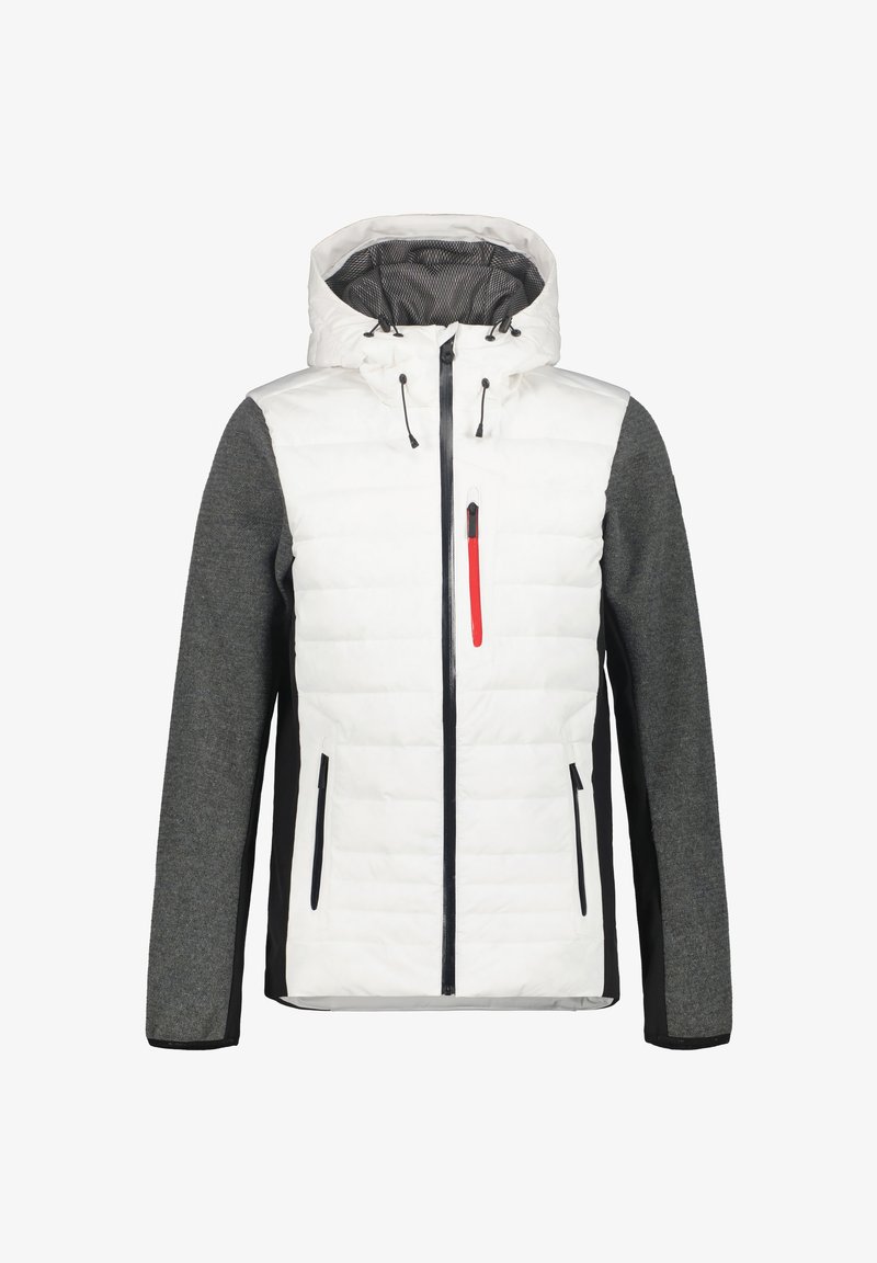 Witte gewatteerde jas met grijze gebreide mouwen, zwarte zijpanelen, een capuchon met koordjes en voorzakken met rits, waaronder een rode ritszak op de borst.