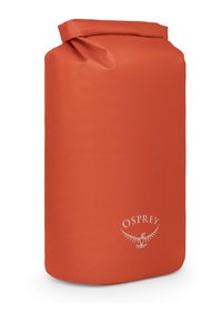 Borsa secca arrotolabile rossa con logo Osprey, progettata per la conservazione impermeabile e per attività all'aperto.