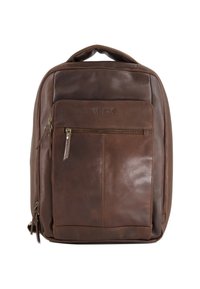 Brun læder rygsæk med topgreb, frontlomme med lynlås og præget "VENEZIA" logo på glat overflade, isoleret på hvid baggrund.