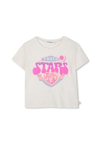 T-shirt blanc à manches courtes avec un design imprimé coloré portant le texte "TOUCH the STARS" et un accent de cœur pailleté.