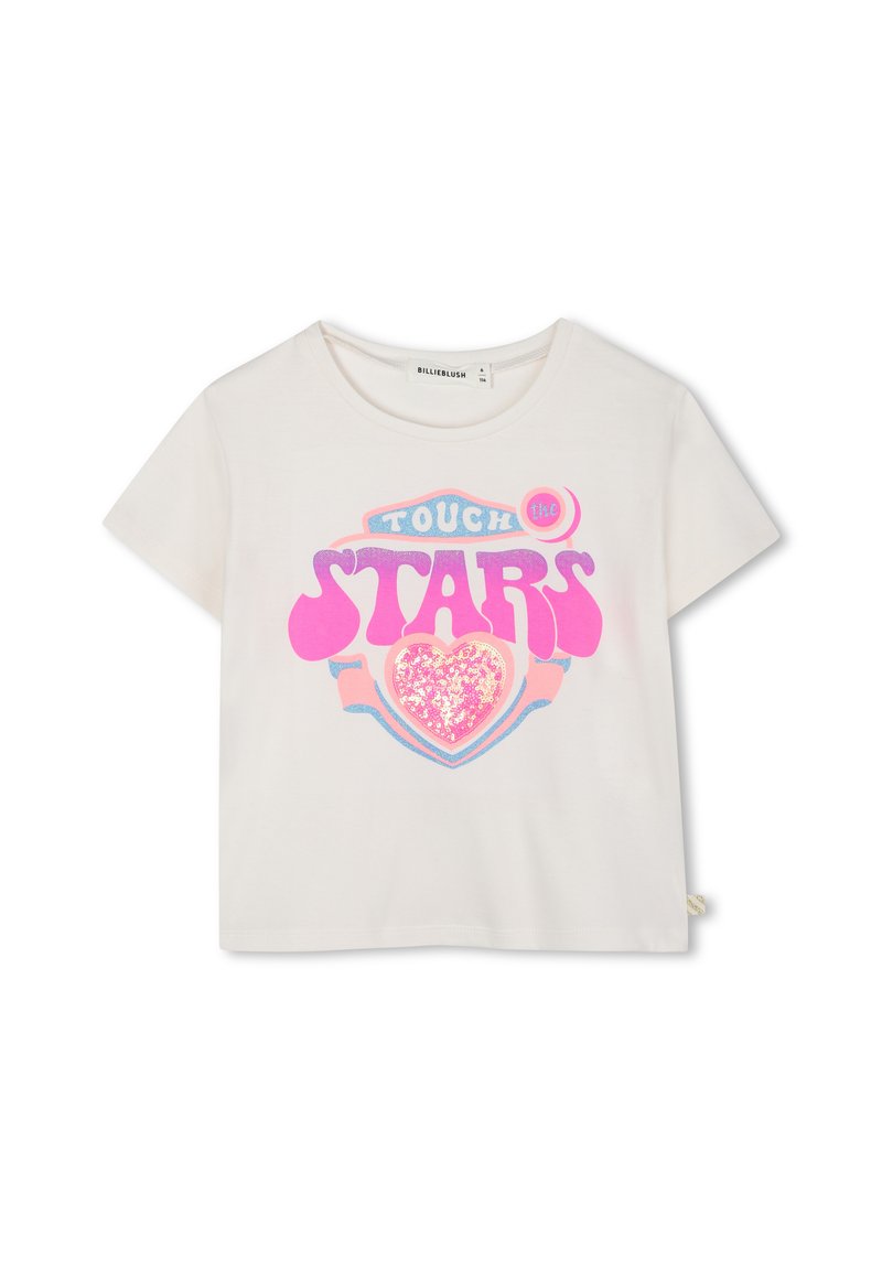 T-shirt blanc à manches courtes avec un design imprimé coloré portant le texte "TOUCH the STARS" et un accent de cœur pailleté.