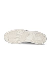 Witte rubberen schoenzool met een gestructureerd profiel, voorzien van een ronde groef en merlogo. Gladde afwerking, ontworpen voor grip en duurzaamheid.