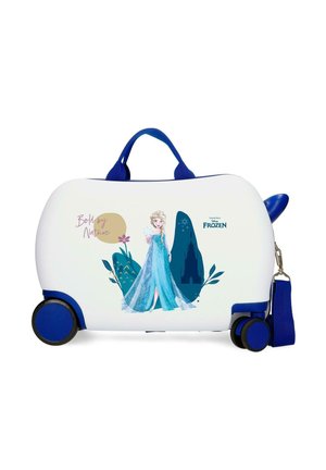 Maleta infantil blanca y azul con ruedas decorada con Elsa de Frozen, gráficos florales y el texto "Bold by Nature".