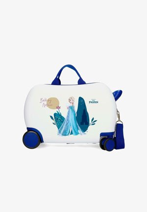 Maleta infantil blanca y azul con ruedas decorada con Elsa de Frozen, gráficos florales y el texto "Bold by Nature".