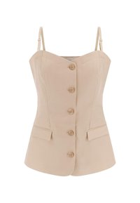 Top corsetto aderente beige con scollatura a cuore, cinque bottoni sul davanti, due tasche frontali e spalline sottili regolabili.